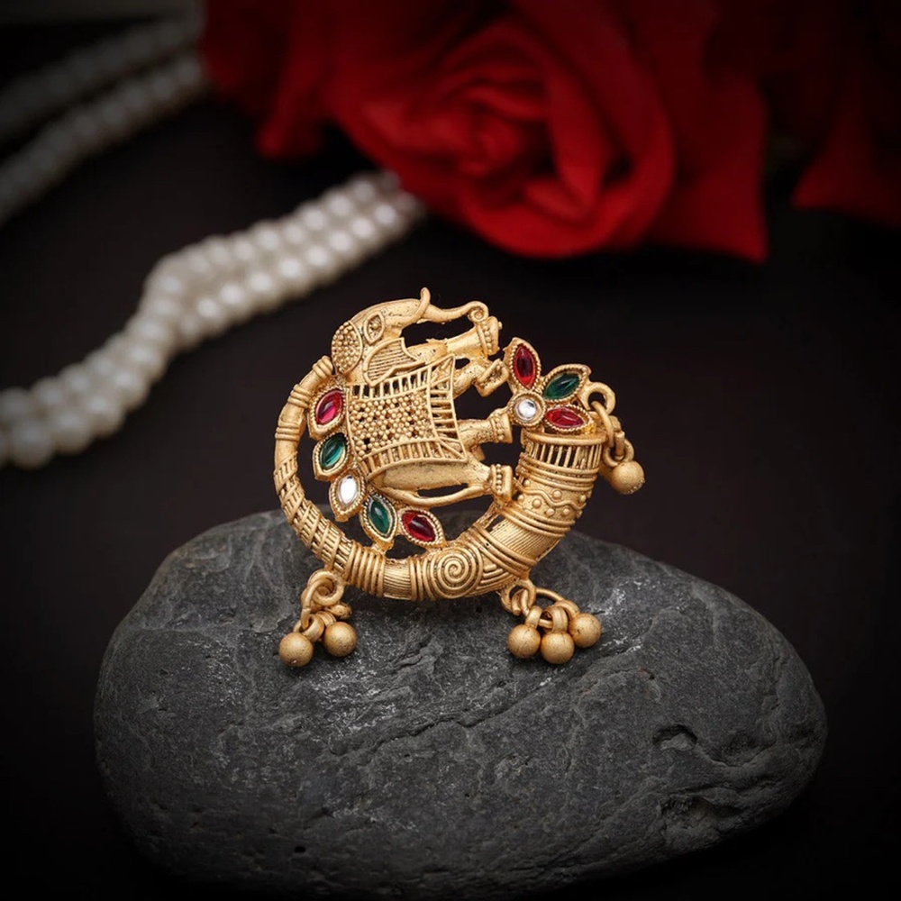 Elephant Rani & Green Color Matte Gold Finger Ring - Picture 3 of 3